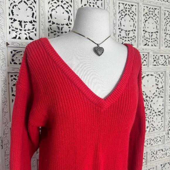 Vintage Plain Jane Red Ribbed V Neck Long Sleeve Sweater Dress Sz Medium - Picture 2 of 7